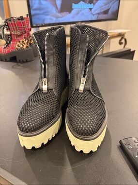 Black Mesh Zip-Front Lace-Up Platform Boots with Cream Sole